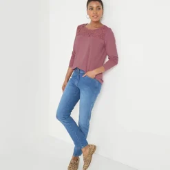 T-shirt col rond manches longues dentelle