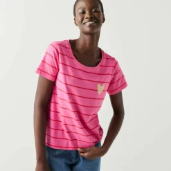 T-shirt col rond rayé, imprimé coeur doré