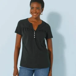 T-shirt col tunisien manches courtes, broderie anglaise