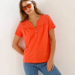 T-shirt col tunisien manches courtes, broderie anglaise