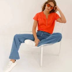 T-shirt col tunisien manches courtes, broderie anglaise