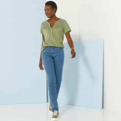 T-shirt col tunisien manches courtes, broderie anglaise
