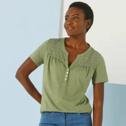 T-shirt col tunisien manches courtes, broderie anglaise