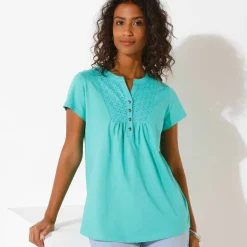 T-shirt col tunisien manches courtes, broderie anglaise