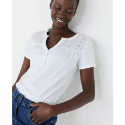 T-shirt col tunisien manches courtes, broderie anglaise