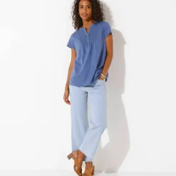 T-shirt col tunisien manches courtes, broderie anglaise