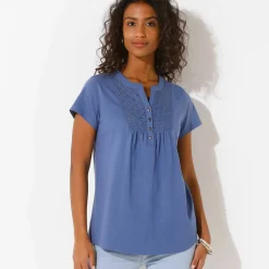 T-shirt col tunisien manches courtes, broderie anglaise