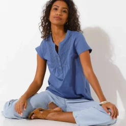 T-shirt col tunisien manches courtes, broderie anglaise