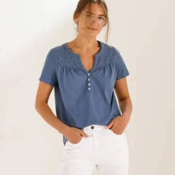 T-shirt col tunisien manches courtes, broderie anglaise