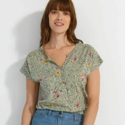 T-shirt col tunisien manches courtes, imprimé