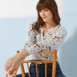 T-shirt col tunisien manches longues, imprimé