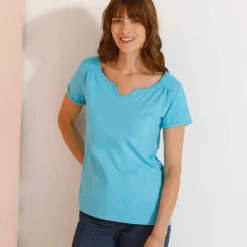 T-shirt col tunisien uni, coton