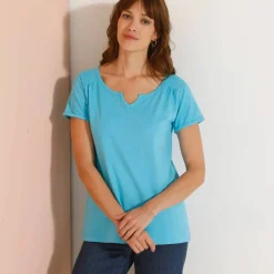 T-shirt col tunisien uni, coton