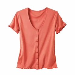 T-shirt col V boutonné, finition frisottis