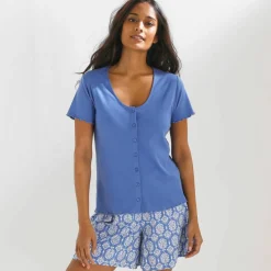 T-shirt col V boutonné, finition frisottis