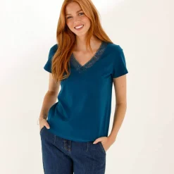 T-shirt col V dentelle