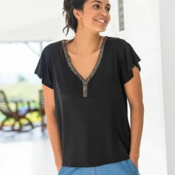 T-shirt col V doré maille unie