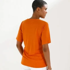 T-shirt col V en lin mélangé, manches courtes
