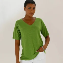 T-shirt col V en lin mélangé, manches courtes