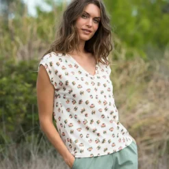 T-shirt col V imprimé, coton lin