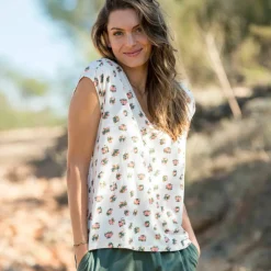 T-shirt col V imprimé, coton lin