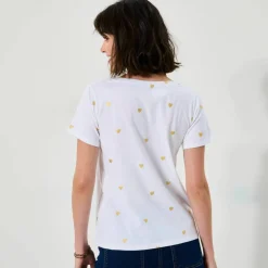 T-shirt col V imprimé cœurs dorés