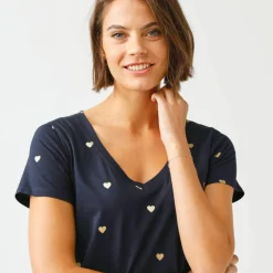 T-shirt col V imprimé cœurs dorés