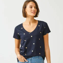 T-shirt col V imprimé cœurs dorés