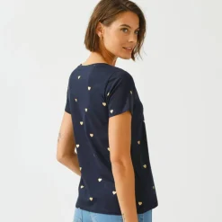 T-shirt col V imprimé cœurs dorés