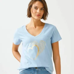 T-shirt col V imprimé doré