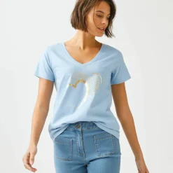 T-shirt col V imprimé doré