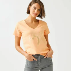 T-shirt col V imprimé doré