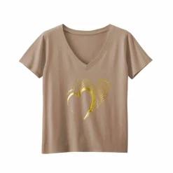 T-shirt col V imprimé doré