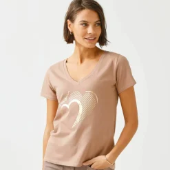 T-shirt col V imprimé doré