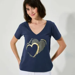 T-shirt col V imprimé doré