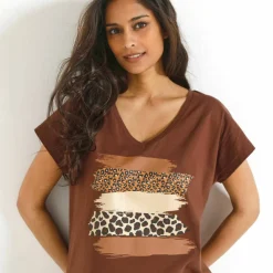 T-shirt col V imprimé léopard doré, coton