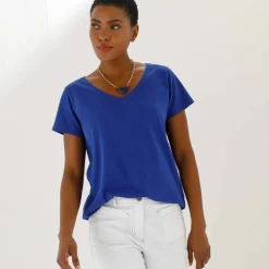 T-shirt col V uni manches courtes, coton