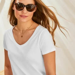 T-shirt col V uni manches courtes, coton