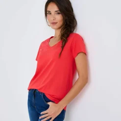 T-shirt col V uni manches courtes, coton