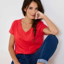 T-shirt col V uni manches courtes, coton