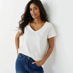 T-shirt col V uni manches courtes, coton