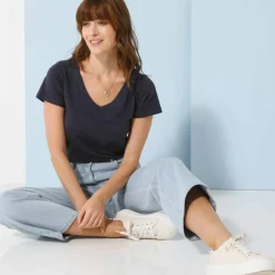T-shirt col V uni manches courtes, coton