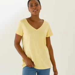 T-shirt col V uni manches courtes, coton