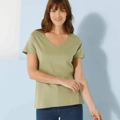T-shirt col V uni manches courtes, coton