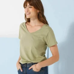 T-shirt col V uni manches courtes, coton