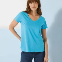 T-shirt col V uni manches courtes, coton
