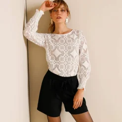 T-shirt dentelle manches longues blousantes