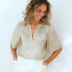 T-shirt doré manches "coude", maille fantaisie plissée