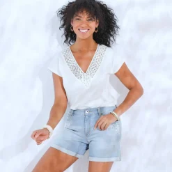 T-shirt forme "boîte" col V macramé, coton-lin