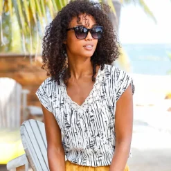 T-shirt imprimé, col V macramé